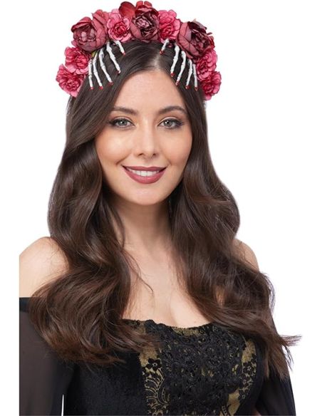 Coiffe jour des morts femme avec roses et mains squelette