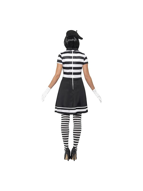 Déguisement mime femme (robe, col, béret, gants, collants et maquillage)
