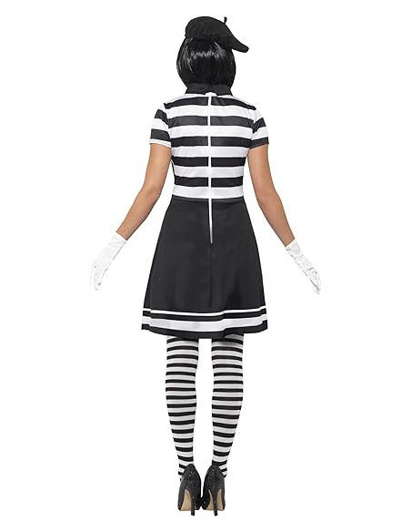 Déguisement mime femme (robe, col, béret, gants, collants et maquillage)