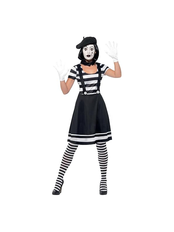 Déguisement mime femme (robe, col, béret, gants, collants et maquillage)