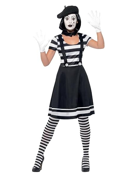 Déguisement mime femme (robe, col, béret, gants, collants et maquillage)
