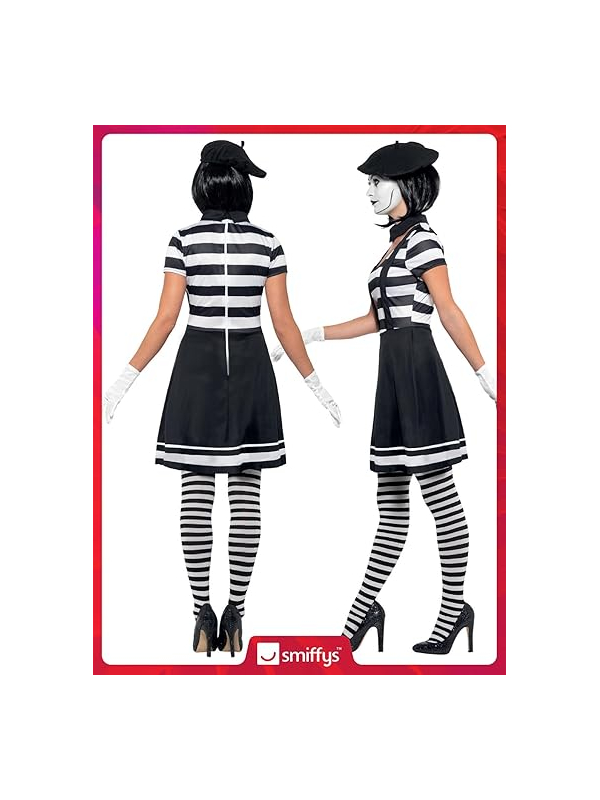 Déguisement mime femme (robe, col, béret, gants, collants et maquillage)