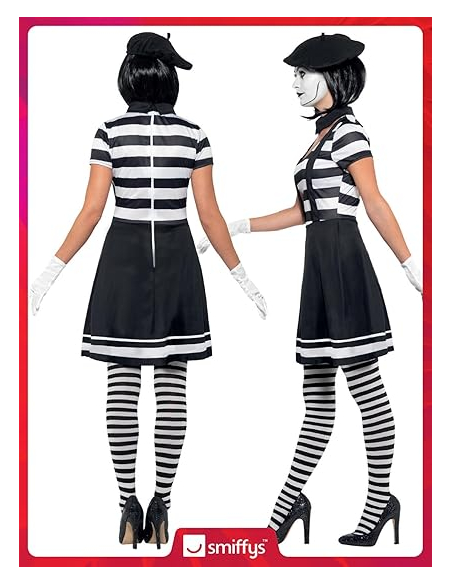 Déguisement mime femme (robe, col, béret, gants, collants et maquillage)
