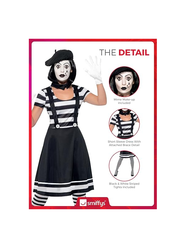 Déguisement mime femme (robe, col, béret, gants, collants et maquillage)