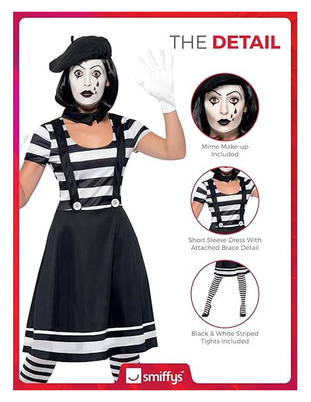 Déguisement mime femme (robe, col, béret, gants, collants et maquillage)