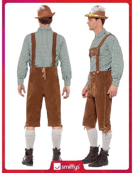 Déguisement Bavarois traditionnel Hanz Homme (short à bretelles, chapeau avec plume)