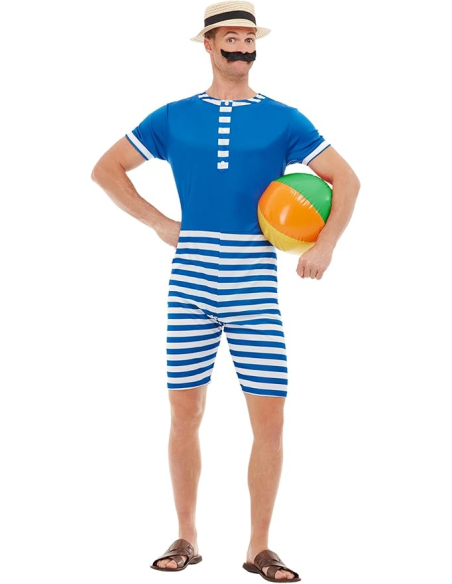 Déguisement de bain rétro des années 20 homme, bleu et blanc