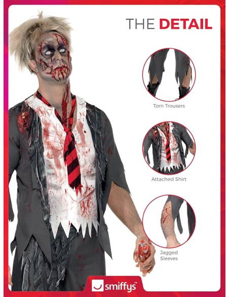 Déguisement écolier zombie, homme (pantalon, veste, fausse chemise & cravate)