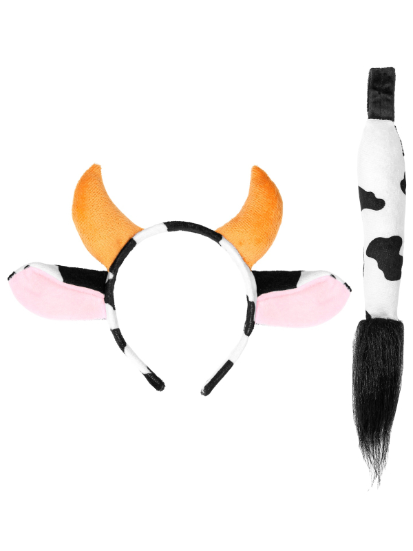 Set d'Accessoires de Vache : Coiffe et Queue Noire et Blanche