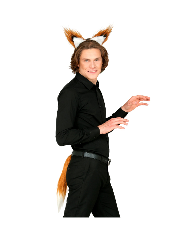 Set d'Accessoires de Renard - Serre-tête avec Oreilles et Queue en Fausse Fourrure Rousse et Blanche