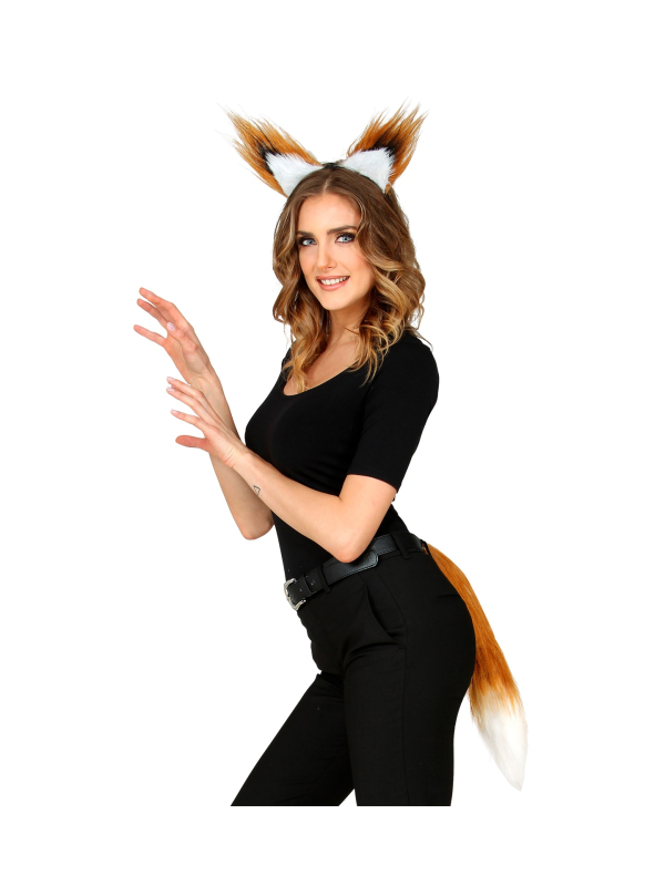 Set d'Accessoires de Renard - Serre-tête avec Oreilles et Queue en Fausse Fourrure Rousse et Blanche