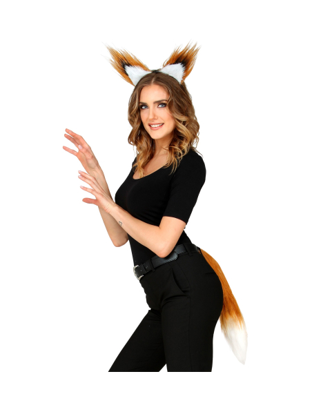 Set d'Accessoires de Renard - Serre-tête avec Oreilles et Queue en Fausse Fourrure Rousse et Blanche