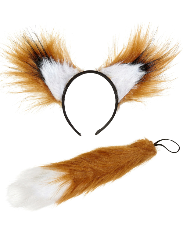 Set d'Accessoires de Renard - Serre-tête avec Oreilles et Queue en Fausse Fourrure Rousse et Blanche
