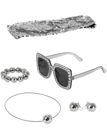 Kit de bijoux Disco boules à facettes – Serre-tête à sequins argenté, collier, boucles d'oreilles, bracelet et lunettes