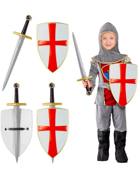 Bouclier et Épée de Chevalier Croisé Enfant - Blanc avec Croix Rouge