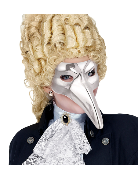 Masque Vénitien au Long Nez - Aspect Métallique Argent