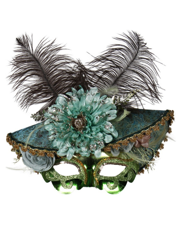 Masque Baroque Vénitien avec Plumes et Fleurs – Élégance et Raffinement