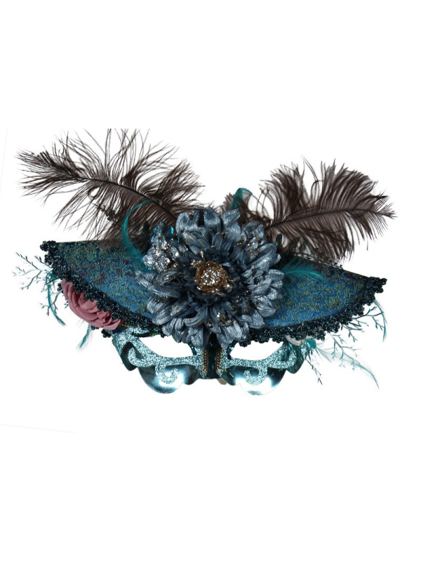 Masque Baroque Bleu Vénitien avec Plumes et Fleurs