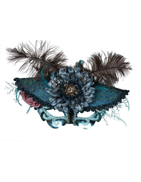 Masque Baroque Bleu Vénitien avec Plumes et Fleurs