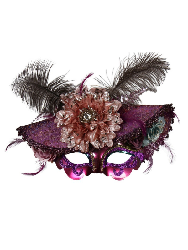 Masque Vénitien Baroque Rose avec Plumes et chapeau