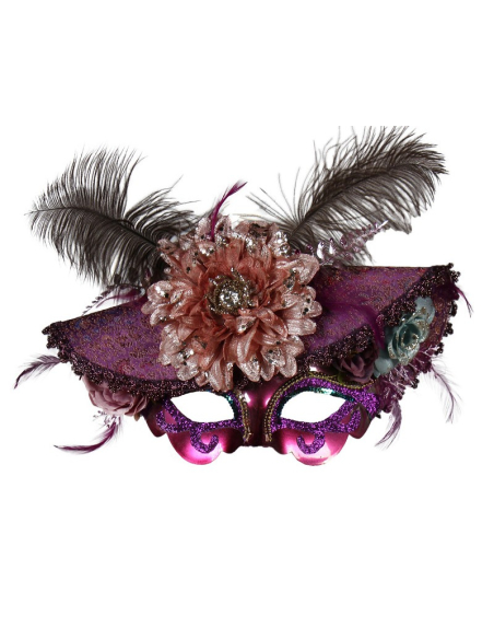 Masque Vénitien Baroque Rose avec Plumes et chapeau
