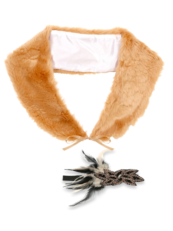 Set d'Accessoires Années 20 Femme Beige : Écharpe en Fausse Fourrure, Bandeau avec Strass et Plume