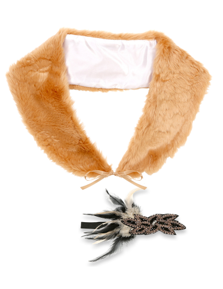 Set d'Accessoires Années 20 Femme Beige : Écharpe en Fausse Fourrure, Bandeau avec Strass et Plume