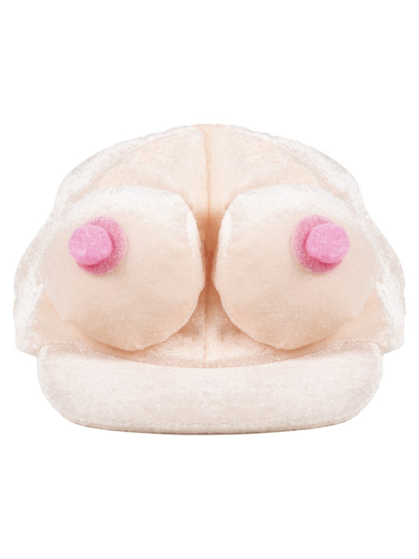 Casquette humoristique avec paire de seins en velours, idéale pour un enterrement de vie de célibataire.