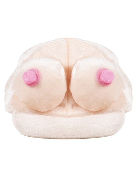 Casquette humoristique avec paire de seins en velours, idéale pour un enterrement de vie de célibataire.