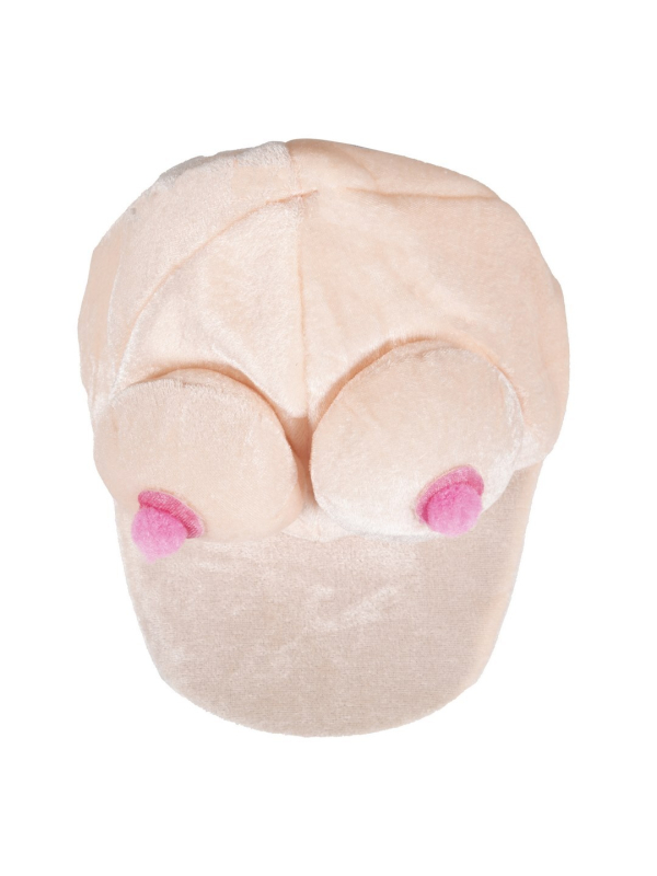 Casquette humoristique avec paire de seins en velours, idéale pour un enterrement de vie de célibataire.