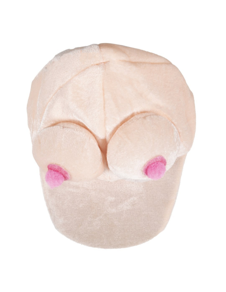 Casquette humoristique avec paire de seins en velours, idéale pour un enterrement de vie de célibataire.
