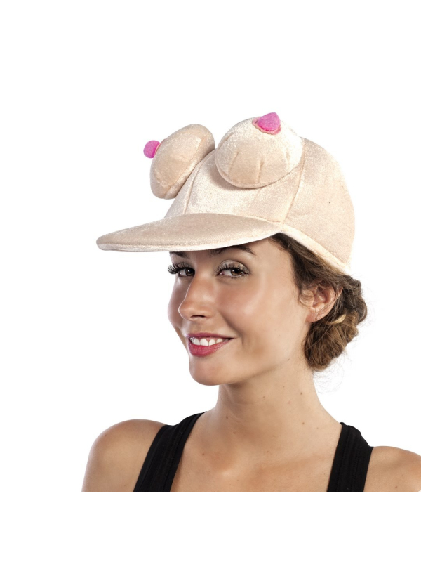 Casquette humoristique avec paire de seins en velours, idéale pour un enterrement de vie de célibataire.