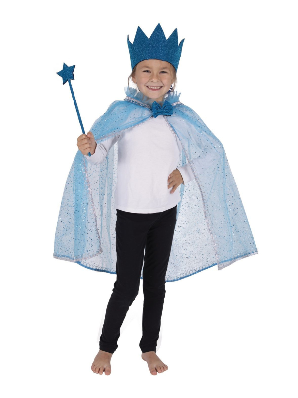 Set Princesse enfant bleu avec cape, couronne et baguette magique