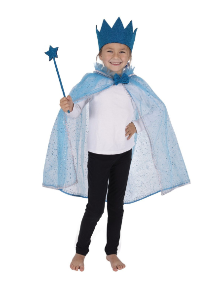 Set Princesse enfant bleu avec cape, couronne et baguette magique