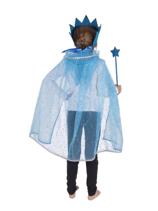 Set Princesse enfant bleu avec cape, couronne et baguette magique
