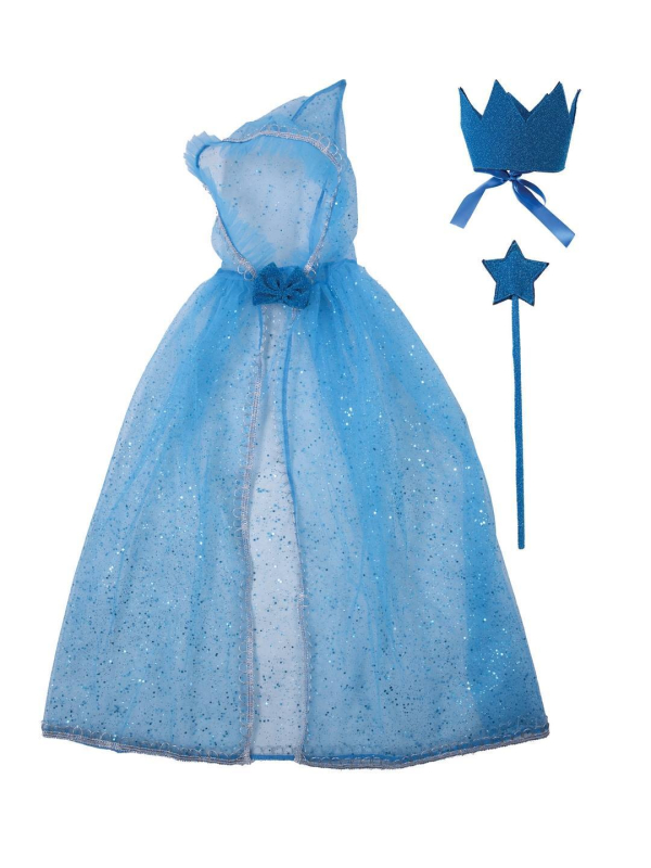 Set Princesse enfant bleu avec cape, couronne et baguette magique