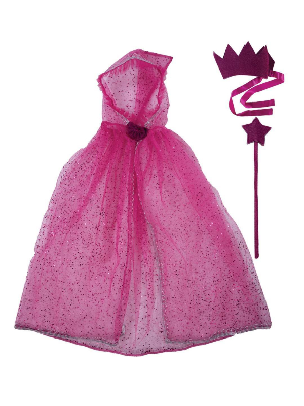 Set Princesse Rose Enfant : Cape à Capuche Scintillante, Couronne & Baguette Magique