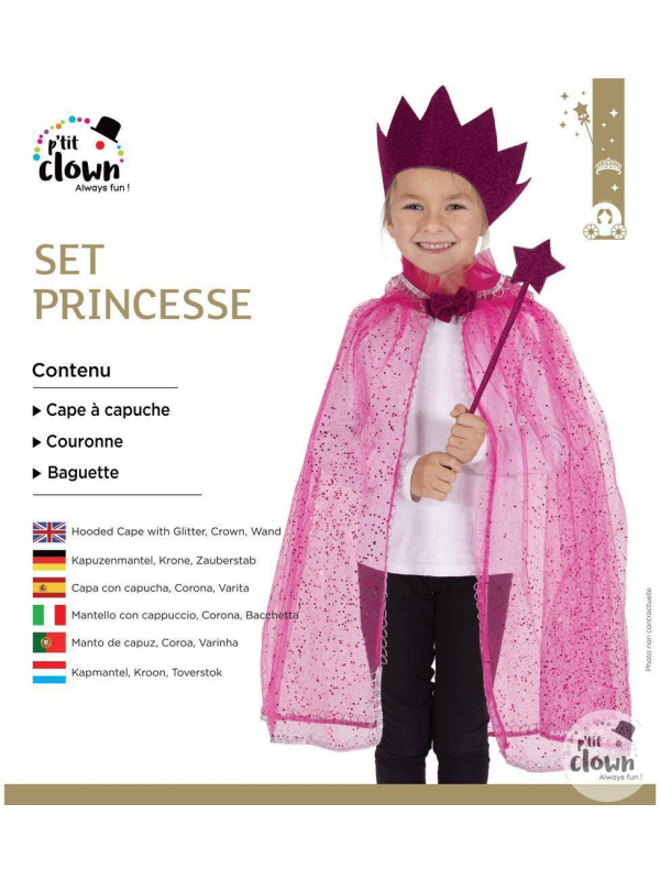 Set Princesse Rose Enfant : Cape à Capuche Scintillante, Couronne & Baguette Magique