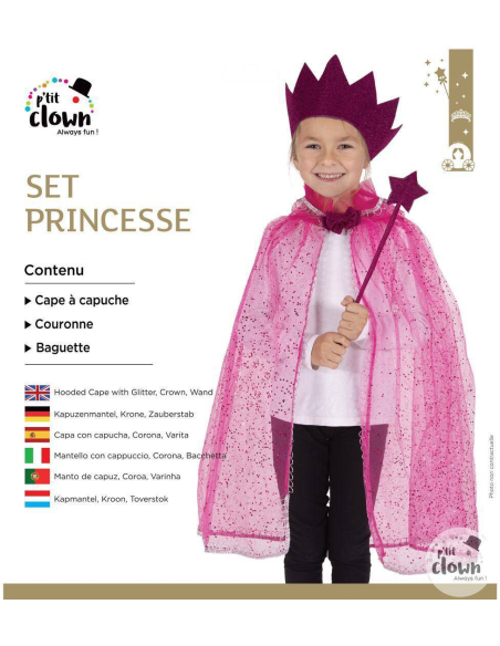 Set Princesse Rose Enfant : Cape à Capuche Scintillante, Couronne & Baguette Magique