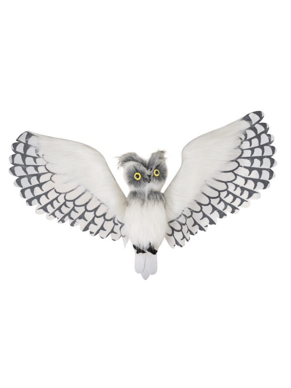 Chouette animée en plumes blanches de 100 cm - Décoration Halloween originale