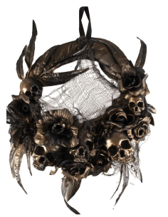 Couronne de porte Halloween 40 cm - Fleurs et Crânes - Noir et Doré