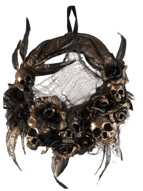 Couronne de porte Halloween 40 cm - Fleurs et Crânes - Noir et Doré