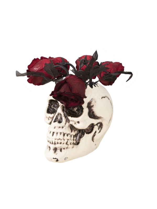 Vase crâne avec roses - animé et sonore - 30 cm