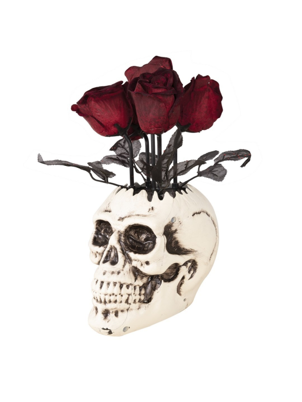 Vase crâne avec roses - animé et sonore - 30 cm