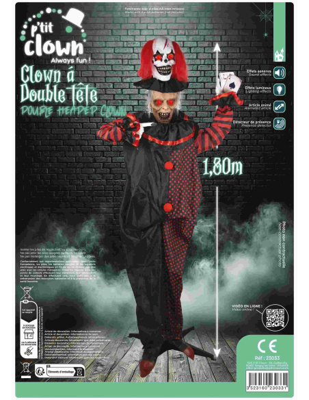 Automate Halloween clown terrifiant à double têtes - 180 cm