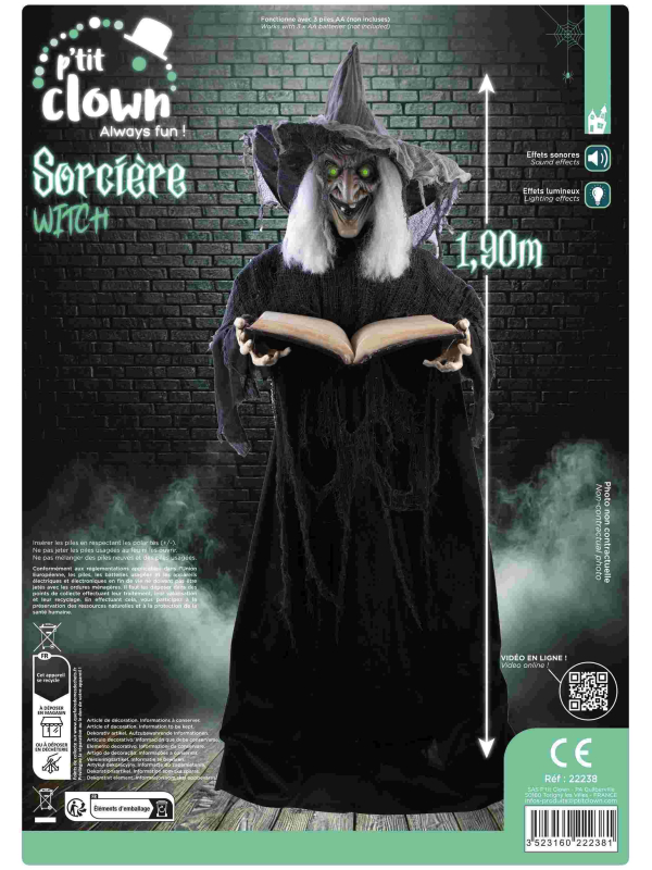 Automate Sorcière Halloween Géante 1.90m avec Grimoire - Effet Frisson Garanti !