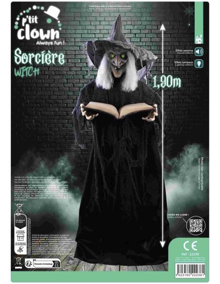 Automate Sorcière Halloween Géante 1.90m avec Grimoire - Effet Frisson Garanti !