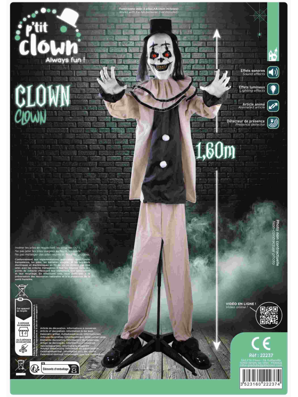 Automate Halloween de Clown sinistre et agité de 160 cm