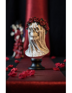Buste Tête de Mort Voilée Couronne Roses Rouge - Déco Halloween Gothique Chic - Collection Gold & Roses Chaks 2