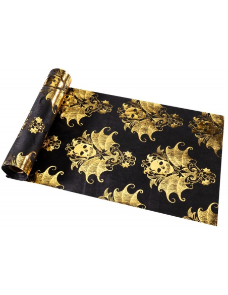 Chemin de Table Baroque Skull en Velours Noir et Or Halloween